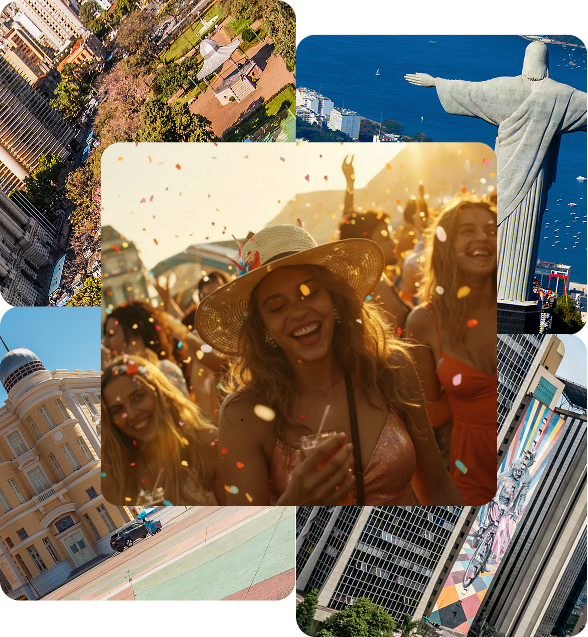 Carnaval Sympla 2026: Bloco de rua com jovens em BH, Recife, RJ e SP e Cristo Redentor ao fundo.