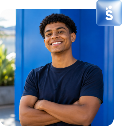 Jovem sorridente com os braços cruzados posando em frente a um painel azul com o ícone da Sympla.