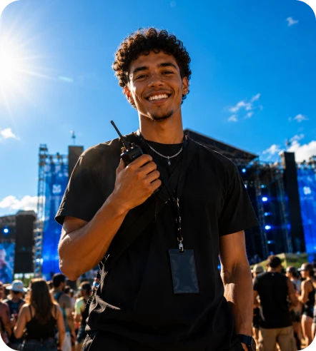 Jovem produtor sorridente segurando rádio comunicador nos bastidores de um festival ao ar livre com palco ao fundo.