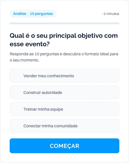 Interface inicial do quiz com a pergunta 'Qual é o seu principal objetivo com esse evento?' e o botão 'Começar'.
